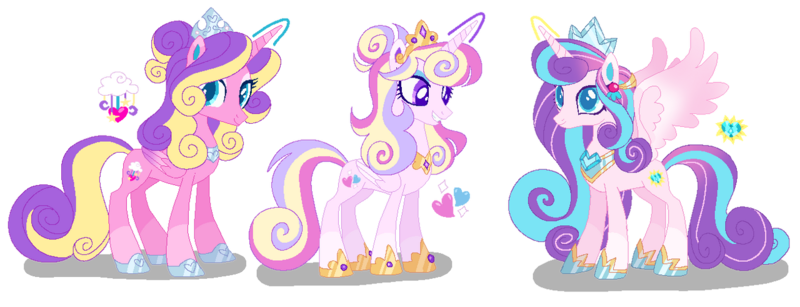 Size: 1280x491 | Tagged: safe, artist:shebasoda, derpibooru import, princess flurry heart, princess skyla, oc, oc:princess crystal heart, alicorn, alicorn oc, closed mouth, coat markings, colored pupils, colored wings, concave belly, crown, cyan eyes, eyeshadow, female, folded wings, gradient mane, gradient tail, gradient wings, grin, hair bun, hoof shoes, horn, image, jewelry, looking at you, makeup, offspring, older, older flurry heart, parent:princess cadance, parent:shining armor, parents:shiningcadance, peytral, png, princess, purple eyes, regalia, royalty, siblings, simple background, sisters, slim, smiling, socks (coat marking), spread wings, standing, tail, teal eyes, thin, tiara, transparent background, trio, wings