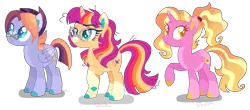 Size: 979x429 | Tagged: safe, artist:shebasoda, derpibooru import, luster dawn, oc, oc:daydream spell, oc:dusk light, pegasus, pony, unicorn, base used, coat markings, colored eartips, colored hooves, colored muzzle, colored pupils, colored wings, colored wingtips, cyan eyes, facial markings, female, folded wings, frown, glasses, golden eyes, gradient mane, gradient tail, headcanon, headcanon in the description, horn, image, looking back, looking up, male, mare, messy mane, offspring, pale belly, parent:sunburst, parent:twilight sparkle, parents:twiburst, pegasus oc, png, ponytail, raised hoof, siblings, simple background, smiling, snip (coat marking), socks (coat marking), stallion, standing, star (coat marking), tail, teal eyes, transparent background, trio, unicorn oc, unimpressed, wings, yellow eyes