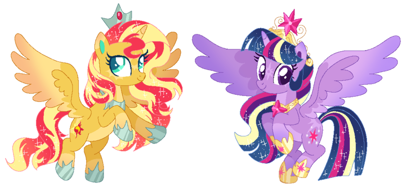 Size: 1083x502 | Tagged: safe, artist:shebasoda, derpibooru import, sunset shimmer, twilight sparkle, alicorn, pony, alicornified, body markings, closed mouth, coat markings, colored wings, colored wingtips, crown, cyan eyes, duo, facial markings, female, flying, gradient horn, gradient mane, gradient tail, gradient wings, headcanon, headcanon in the description, hoof shoes, horn, image, jewelry, looking up, mare, multicolored wings, pale belly, peytral, png, purple eyes, race swap, regalia, shimmercorn, smiling, socks (coat marking), sparkly mane, sparkly tail, star (coat marking), tail, tiara, wings