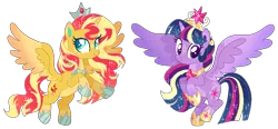 Size: 1083x502 | Tagged: safe, artist:shebasoda, derpibooru import, sunset shimmer, twilight sparkle, alicorn, pony, alicornified, body markings, closed mouth, coat markings, colored wings, colored wingtips, crown, cyan eyes, duo, facial markings, female, flying, gradient horn, gradient mane, gradient tail, gradient wings, headcanon, headcanon in the description, hoof shoes, horn, image, jewelry, looking up, mare, multicolored wings, pale belly, peytral, png, purple eyes, race swap, regalia, shimmercorn, smiling, socks (coat marking), sparkly mane, sparkly tail, star (coat marking), tail, tiara, wings