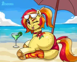 Size: 5000x4000 | Tagged: suggestive, artist:zendora, derpibooru import, oc, unofficial characters only, pony, ;p, alcohol, beach, beach babe, beach towel, beach umbrella, bikini, bikini babe, bikini bottom, bow, butt, butt freckles, clothes, female, freckles, image, mare, margarita, nudity, ocean, one eye closed, png, rear view, solo, swimsuit, tail, tail bow, tongue out, towel, umbrella, vulva, water