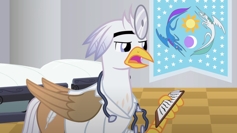 Size: 1280x720 | Tagged: safe, artist:mlp-silver-quill, derpibooru import, oc, oc:silver quill, hippogriff, after the fact, after the fact:pinkie pride, doctor's coat, equestrian flag, fob equestria, image, png, sickbay, solo, stethoscope