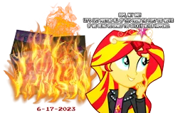 Size: 2650x1690 | Tagged: safe, artist:evilasio, derpibooru import, sunset shimmer, equestria girls, equestria girls (movie), bad end, beyond redemption, breaking the fourth wall, fall formal, fanon discontinuity, fire, fireplace, fourth wall, hate art, ignore, image, jerk, malicious, nutshell, opinion, png, psycho, sunset psycho, villainous delights