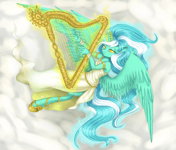 Size: 3508x2976 | Tagged: safe, artist:misukitty, derpibooru import, lyra heartstrings, alicorn, anthro, pony, unguligrade anthro, alicornified, bracelet, clothes, cloud, colored pupils, cropped, dress, female, glow, glowing horn, harp, horn, image, jewelry, jpeg, lyracorn, magic, mare, musical instrument, race swap, solo, spread wings, telekinesis, wings