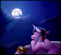 Size: 1848x1668 | Tagged: safe, artist:symphstudio, derpibooru import, twilight sparkle, pony, book, image, mare in the moon, moon, png, solo