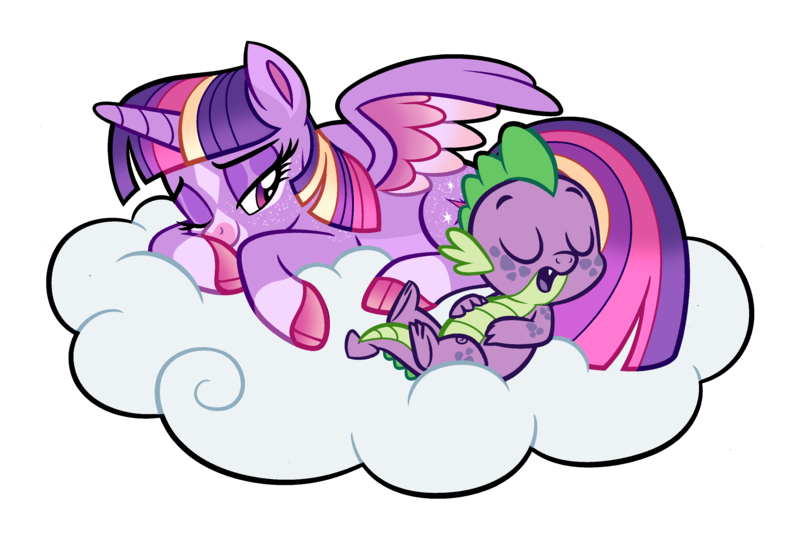 Size: 3113x2088 | Tagged: safe, artist:uunicornicc, derpibooru import, spike, twilight sparkle, twilight sparkle (alicorn), alicorn, dragon, pony, cloud, coat markings, colored hooves, colored wings, coloring page, duo, duo male and female, eyes closed, female, image, lying down, lying on a cloud, male, mare, multicolored wings, on a cloud, one eye closed, png, prone, redesign, simple background, sleeping, smiling, snoring, socks (coat marking), transparent background, wings