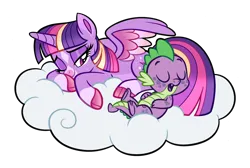 Size: 3113x2088 | Tagged: safe, artist:uunicornicc, derpibooru import, spike, twilight sparkle, twilight sparkle (alicorn), alicorn, dragon, pony, cloud, coat markings, colored hooves, colored wings, coloring page, duo, duo male and female, eyes closed, female, image, lying down, lying on a cloud, male, mare, multicolored wings, on a cloud, one eye closed, png, prone, redesign, simple background, sleeping, smiling, snoring, socks (coat marking), transparent background, wings
