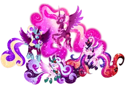 Size: 1280x897 | Tagged: safe, artist:shebasoda, derpibooru import, princess cadance, princess flurry heart, princess skyla, oc, oc:princess crystal heart, alicorn, pony, blue sclera, body markings, coat markings, colored eartips, colored eyelashes, colored pupils, colored sclera, colored wings, crown, cyan eyes, ethereal mane, ethereal tail, evil, eyeshadow, facial markings, female, flying, frown, gradient eyes, gradient legs, gradient mane, gradient tail, gradient wings, group, hair bun, helmet, hoof shoes, image, jewelry, lidded eyes, looking at you, looking down, makeup, mare, mother and child, mother and daughter, nightmare cadance, nightmarified, offspring, older, older flurry heart, older princess skyla, pale belly, parent:princess cadance, parent:shining armor, parents:shiningcadance, peytral, pink eyes, png, quartet, regalia, siblings, simple background, sisters, slit pupils, smiling, smiling at you, socks (coat marking), sparkly mane, sparkly tail, sparkly wings, spread wings, tail, transparent background, wings, yellow sclera