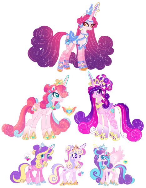 Size: 1280x1648 | Tagged: safe, artist:selenaede, artist:shebasoda, derpibooru import, princess amore, princess cadance, princess flurry heart, princess skyla, oc, oc:princess aurora (shebasoda), oc:princess crystal heart, alicorn, pony, unicorn, alicorn oc, base used, body markings, braid, circlet, closed mouth, coat markings, colored eyelashes, colored hooves, colored wings, crown, cyan eyes, ear piercing, earring, eyeshadow, facial markings, female, folded wings, golden eyes, gradient horn, gradient mane, gradient tail, gradient wings, grandmother and grandchild, grandmother and granddaughter, grin, group, hair bun, headcanon, headcanon in the description, hoof shoes, horn, horn jewelry, image, jewelry, lidded eyes, long mane, long tail, looking at you, looking up, makeup, mare, mother and child, mother and daughter, offspring, older, older flurry heart, older princess skyla, orange eyes, pale belly, peytral, piercing, png, purple eyes, regalia, saddle, sextet, siblings, simple background, sisters, smiling, socks (coat marking), sparkly mane, sparkly tail, spread wings, standing, star (coat marking), tack, tail, tail bun, tiara, transparent background, wings