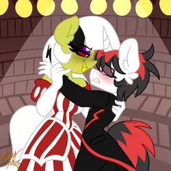 Size: 2000x2000 | Tagged: safe, artist:ladylullabystar, derpibooru import, oc, oc:carnival cat, oc:zaknel, unofficial characters only, anthro, pony, blushing, clothes, dancing, dress, dubious consent, female, gloves, image, male, mare, png, scared, signature, size difference, smaller male, smiling, stallion, straight, suit