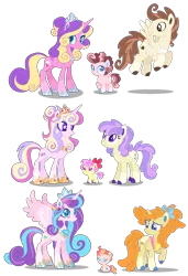 Size: 993x1448 | Tagged: safe, artist:shebasoda, derpibooru import, cream puff, pound cake, princess flurry heart, princess skyla, pumpkin cake, oc, oc:cupid cream cake, oc:peach puree, oc:princess crystal heart, alicorn, earth pony, pegasus, pony, unicorn, alicorn oc, apron, baby, baby pony, blue eyes, bow, brown eyes, closed mouth, clothes, coat markings, colored hooves, colored pupils, colored wings, colt, concave belly, crown, cyan eyes, diaper, eyeshadow, female, filly, flying, foal, folded wings, gradient mane, gradient tail, gradient wings, grin, hair bow, hair bun, headcanon, hoof shoes, horn, image, jewelry, lesbian, looking at each other, looking at someone, looking at you, looking back, magical lesbian spawn, makeup, male, next generation, offspring, older, older cream puff, older flurry heart, older pound cake, older pumpkin cake, parent:cream puff, parent:oc:princess crystal heart, parent:pound cake, parent:princess cadance, parent:princess flurry heart, parent:princess skyla, parent:pumpkin cake, parent:shining armor, parents:canon x oc, parents:poundskyla, parents:pumpkinheart, parents:shiningcadance, pc:ambrosia delight, peytral, png, ponytail, poundskyla, princess, pumpkinheart, purple eyes, regalia, royalty, siblings, simple background, sisters, sitting, slim, smiling, socks (coat marking), spread wings, standing, straight, tail, teal eyes, thin, tiara, transparent background, turned head, wings