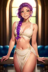 Size: 1024x1536 | Tagged: suggestive, derpibooru import, editor:sammykun, machine learning generated, sunny starscout, human, g5, ai content, belly button, blurry background, bracelet, breasts, busty sunny starscout, choker, cleavage, clothes, dress, female, gold, humanized, image, jewelry, jpeg, long hair, midriff, prompter:sammykun, reasonably sized breasts, see-through, sexy, silk, skirt, smiling, solo, solo female, stupid sexy sunny starscout, sultry pose, wide hips, window, wood