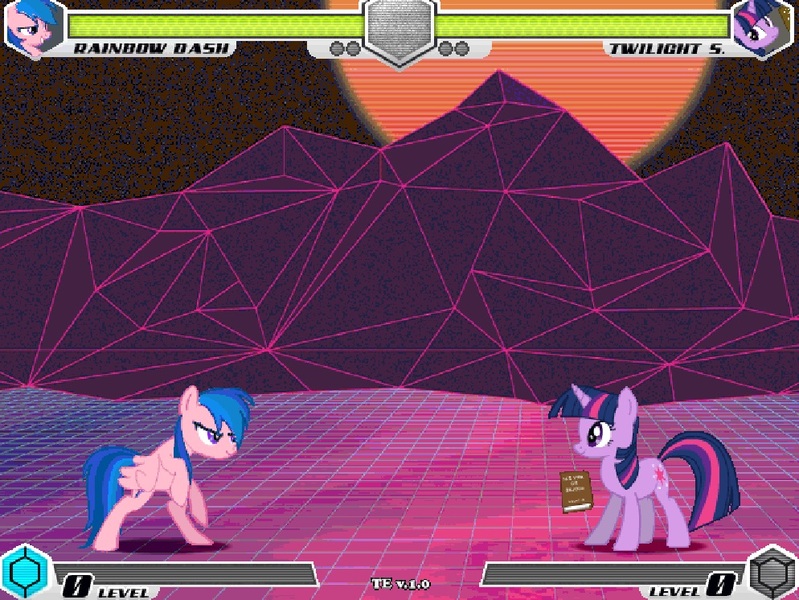 Size: 994x746 | Tagged: safe, artist:tom artista, derpibooru import, firefly, rainbow dash, twilight sparkle, pegasus, pony, unicorn, fighting is magic, g1, book, duo, fan game, female, image, jpeg, mare, mountain, new, palette swap, realistic, recolor, stage, sun, unicorn twilight, vaporwave