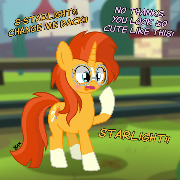 Size: 2000x2000 | Tagged: safe, artist:banquo0, derpibooru import, sunburst, pony, unicorn, blushing, coat markings, female, glasses, image, implied starlight glimmer, open mouth, png, rule 63, socks (coat marking), solo, sunstone (g4 r63 sunburst), text