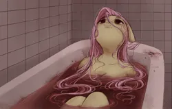 Size: 1617x1029 | Tagged: grimdark, artist:melodylibris, derpibooru import, fluttershy, anthro, pegasus, pony, bathtub, blood, breasts, cleavage, dying, female, floppy ears, image, jpeg, looking up, mare, partially submerged, solo, suicide
