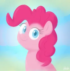 Size: 1857x1875 | Tagged: safe, artist:heretichesh, derpibooru import, pinkie pie, earth pony, pony, bust, colored pupils, cute, diapinkes, female, gradient background, image, jpeg, looking at you, mare, ponk, signature, smiling, smiling at you, solo