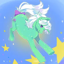 Size: 2000x2000 | Tagged: safe, artist:daffidaizy, derpibooru import, star hopper, pony, unicorn, bow, image, png, solo, starry background, tail, tail bow