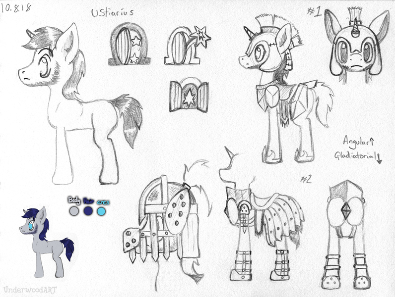 Size: 1648x1242 | Tagged: safe, artist:underwoodart, derpibooru import, oc, oc:ustiarius, unofficial characters only, pony, unicorn, armor, blue mane, chinstrap, concept art, cutie mark, facial hair, gray coat, helmet, horn, image, jpeg, male, neckbeard, pencil drawing, royal guard, simple background, solo, stallion, the tale of two sisters, traditional art, unicorn oc, white background