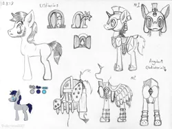 Size: 1648x1242 | Tagged: safe, artist:underwoodart, derpibooru import, oc, oc:ustiarius, unofficial characters only, pony, unicorn, armor, blue mane, chinstrap, concept art, cutie mark, facial hair, gray coat, helmet, horn, image, jpeg, male, neckbeard, pencil drawing, royal guard, simple background, solo, stallion, the tale of two sisters, traditional art, unicorn oc, white background