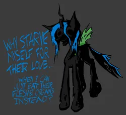 Size: 5775x5292 | Tagged: semi-grimdark, artist:foxtrnal, derpibooru import, queen chrysalis, changeling, changeling queen, female, gray background, horror, image, implied cannibalism, png, simple background, solo, solo focus, starving, text