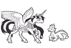 Size: 3448x2328 | Tagged: safe, artist:foldawaywings, derpibooru import, spike, twilight sparkle, twilight sparkle (alicorn), alicorn, dragon, pony, black and white, brother and sister, clothes, duo, female, grayscale, image, ink drawing, jpeg, leg wraps, male, mare, monochrome, quadrupedal spike, realistic anatomy, realistic horse legs, siblings, simple background, traditional art, white background