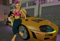 Size: 1048x718 | Tagged: safe, artist:robertwtf, derpibooru import, scootaloo, anthro, pegasus, 3d, breasts, fast and furious, female, image, looking at you, middle finger, png, small breasts, solo, solo female, source filmmaker, vehicle, vulgar