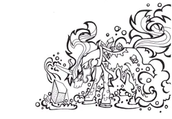 Size: 3112x2168 | Tagged: safe, artist:foldawaywings, derpibooru import, twilight sparkle, twilight sparkle (alicorn), alicorn, pony, black and white, cloak, clothes, crystal, dark crystal, dark magic, ethereal mane, female, grayscale, image, ink drawing, jpeg, magic, mare, monochrome, simple background, smoke, solo, sombra eyes, traditional art, white background