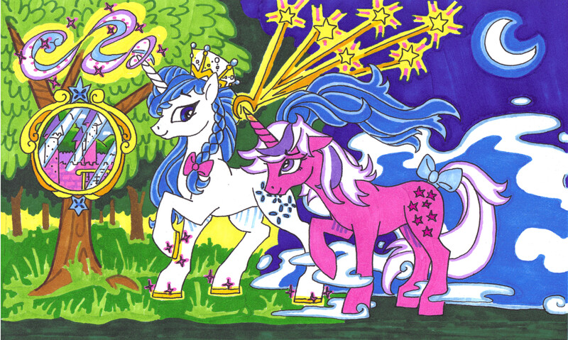 Size: 3292x1972 | Tagged: safe, artist:foldawaywings, derpibooru import, majesty, twilight (g1), pony, unicorn, g1, bow, braid, crescent moon, crown, duo, female, image, jewelry, jpeg, mare, marker drawing, mirror, moon, raised hoof, regalia, stars, tail, tail bow, traditional art, tree