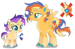 Size: 637x418 | Tagged: safe, artist:shebasoda, derpibooru import, oc, oc:morning twinkle, oc:sunlight spark, unofficial characters only, pegasus, pony, unicorn, brother and sister, coat markings, colored eartips, colored hooves, colored wings, colored wingtips, duo, female, filly, foal, frown, horn, image, lidded eyes, looking up, male, next generation, offspring, pale belly, parent:flash sentry, parent:sunset shimmer, parents:flashimmer, pegasus oc, png, siblings, simple background, smiling, socks (coat marking), spread wings, stallion, standing, teal eyes, transparent background, unicorn oc, wings