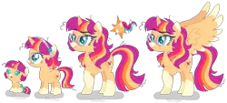 Size: 1038x471 | Tagged: safe, artist:shebasoda, derpibooru import, oc, oc:daydream spell, unofficial characters only, alicorn, pony, unicorn, alicorn oc, baby, baby pony, coat markings, colored muzzle, colored wings, colored wingtips, diaper, eyebrows, eyeshadow, facial markings, female, filly, foal, frown, glasses, growing up, hairband, horn, image, lidded eyes, makeup, mare, messy hair, messy mane, messy tail, next generation, offspring, parent:sunburst, parent:twilight sparkle, parents:twiburst, png, raised eyebrow, raised hoof, round glasses, simple background, sitting, snip (coat marking), socks (coat marking), spread wings, standing, tail, transparent background, unicorn oc, wings