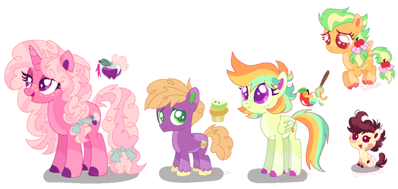 Size: 1084x516 | Tagged: safe, artist:shebasoda, derpibooru import, little mac, oc, oc:apple spice, oc:ginger gold, oc:pristine apple breeze, oc:red june, unofficial characters only, earth pony, pegasus, pony, unicorn, baby, baby pony, body freckles, body markings, bow, brother and sister, coat markings, colored eartips, colored eyelashes, colored hooves, colored pupils, colored wings, colored wingtips, colt, cousins, diaper, ear freckles, earth pony oc, eyeshadow, facial markings, female, filly, foal, folded wings, freckles, green eyes, grin, gun, hair bow, handgun, headcanon, horn, image, leg freckles, lidded eyes, little macintosh, looking at you, looking down, looking up, magenta eyes, magical lesbian spawn, makeup, male, mare, messy hair, messy mane, messy tail, nervous, nervous grin, next generation, offspring, open mouth, pale belly, parent:apple bloom, parent:applejack, parent:big macintosh, parent:pipsqueak, parent:rainbow dash, parent:sugar belle, parents:appledash, parents:pipbloom, parents:sugarmac, pegasus oc, png, ponytail, purple eyes, red eyes, revolver, siblings, simple background, sisters, sitting, smiling, socks (coat marking), spread wings, standing, tail, teenager, transparent background, unicorn oc, unshorn fetlocks, weapon, wings