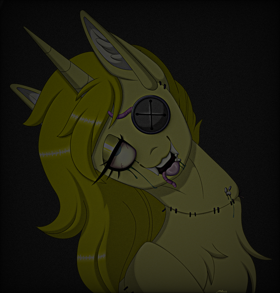 Size: 2750x2875 | Tagged: explicit, grotesque, alternate version, artist:melodytheartpony, derpibooru import, alicorn, worm, black background, bust, button, button eye, c, dark, dead, decaying, disgusting, doll, doodle, eye rolled back, fangs, female, feral, gore, gross, horror, image, liquid, maggots, png, portrait, scary, sharpened, signature, simple background, smiling, static, stitches, toy