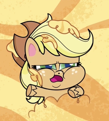 Size: 354x395 | Tagged: safe, derpibooru import, applejack, my little pony: pony life, princess probz, spoiler:pony life s01e01, applejack is not amused, fat, female, food, hat, image, jpeg, pudding, unamused