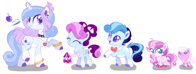 Size: 1108x420 | Tagged: safe, artist:shebasoda, derpibooru import, oc, oc:charming belle, oc:darling belle, oc:glass slipper, oc:sapphire lace, oc:shiny pearl, unofficial characters only, earth pony, pegasus, pony, unicorn, baby, baby pony, beauty mark, bow, bowtie, bracelet, brother and sister, choker, clothes, coat markings, colored eartips, colored eyelashes, colored hooves, colored pupils, colt, cousins, cyan eyes, diaper, ear piercing, earring, earth pony oc, eyes closed, eyeshadow, female, filly, five year old, foal, gradient mane, gradient tail, grin, group, hair bow, horn, image, jewelry, looking back, magical lesbian spawn, makeup, male, mare, necklace, offspring, pale belly, parent:diamond tiara, parent:kerfuffle, parent:rarity, parent:sweetie belle, parents:diamondbelle, parents:rarifuffle, pegasus oc, piercing, pigtails, png, purple eyes, quintet, raised leg, shoes, siblings, simple background, sisters, smiling, socks (coat marking), standing, standing on two hooves, tail, toddler, transparent background, turned head, twins, unicorn oc, wings
