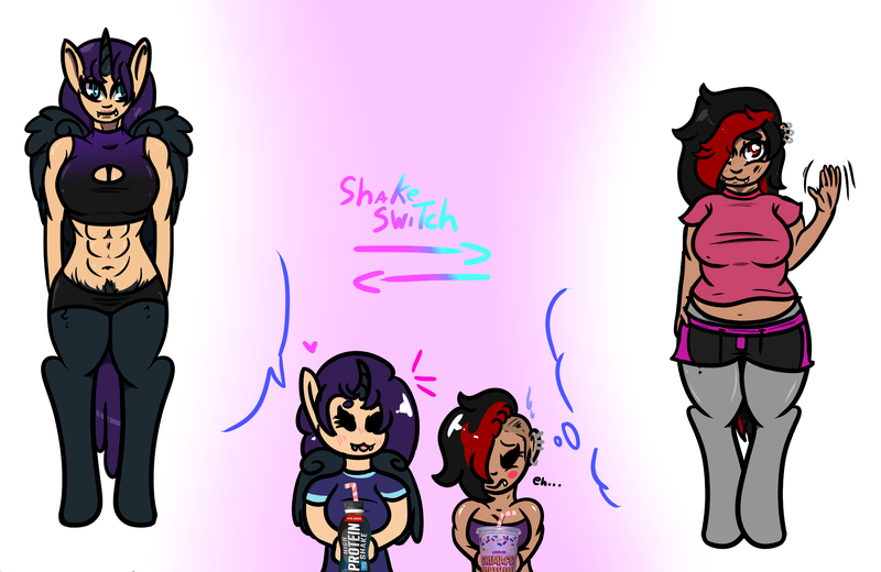 Size: 2000x1300 | Tagged: safe, artist:lazerblues, derpibooru import, oc, oc:bella, oc:mal, satyr, abs, chibi, chubby, grimace shake, image, mcdonald's, meme, offspring, parent:oc:miss eri, parent:oc:nyx, png, protein shake, shake