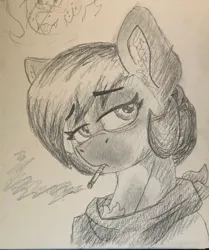 Size: 3024x3620 | Tagged: safe, artist:reddthebat, derpibooru import, oc, oc:number nine, oc:reddthebat, unofficial characters only, bat pony, earth pony, pony, bat pony oc, bat wings, bust, cigarette, duo, eyebrows, eyebrows visible through hair, female, image, jpeg, lidded eyes, looking at you, mare, monochrome, offscreen character, pencil drawing, smoking, solo focus, traditional art, wings