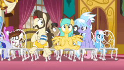 Size: 640x360 | Tagged: safe, derpibooru import, screencap, ace point, cloudchaser, filthy rich, hugh jelly, lotus blossom, minuette, pipsqueak, sunshower raindrops, thunderlane, truffle shuffle, earth pony, pegasus, pony, unicorn, slice of life (episode), animated, barrel, chair, colt, facial hair, falling, female, foal, gif, image, male, mare, marriage, moustache, reversed, stallion, wedding