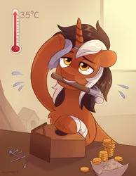 Size: 2449x3164 | Tagged: safe, artist:skysorbett, derpibooru import, oc, oc:wrench ironbolt, pony, unicorn, bird house, coin, hammer, horn, image, male, nails, note, png, solo, stallion, stompy slippers, sweat, sweatdrop, thermometer, two toned mane, unicorn oc, unusual unicorn