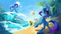 Size: 1920x1080 | Tagged: safe, artist:teathre, derpibooru import, oc, oc:utopia, oc:zerol acqua, unofficial characters only, changeling, pony, unicorn, beach, beach ball, beach chair, beach umbrella, butt, chair, complex background, day, detailed background, disguise, disguised changeling, duo, illustration, image, magic, mountain, palm tree, plot, png, sun, tree, umbrella, water, water fight, watergun, wave, wet, wet mane
