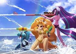 Size: 1670x1200 | Tagged: suggestive, artist:howxu, derpibooru import, adagio dazzle, aria blaze, sonata dusk, anthro, plantigrade anthro, siren, equestria girls, beach, belly button, big hair, bikini, breasts, busty adagio dazzle, busty aria blaze, busty sonata dusk, clothes, cloud, determined look, gritted teeth, image, kneeling, long hair, long tail, lying down, ocean, outdoors, png, pony ears, rainbow, standing, sun, swimsuit, tail, tail sticking out, teeth, the dazzlings, water, water balloon, watergun, wet