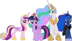 Size: 1054x610 | Tagged: safe, artist:scootaloormayfly, derpibooru import, princess cadance, princess celestia, princess luna, twilight sparkle, twilight sparkle (alicorn), alicorn, pony, cloak, clothes, crown, image, jewelry, looking at you, pixel art, png, regalia, signature, simple background, smiling, smiling at you, transparent background