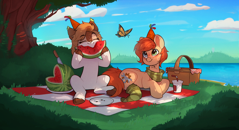 Size: 2987x1628 | Tagged: safe, artist:rexyseven, derpibooru import, oc, oc:rusty gears, oc:sofiko, unofficial characters only, butterfly, deer, earth pony, insect, pony, belly, clothes, cloud, drink, duo, ear fluff, earth pony oc, eating, female, food, heterochromia, hoof hold, image, lying down, mare, outdoors, picnic, picnic blanket, png, prone, scarf, scenery, sitting, socks, striped scarf, striped socks, watermelon