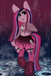 Size: 1280x1904 | Tagged: safe, artist:nootaz, derpibooru import, pinkie pie, earth pony, pony, semi-anthro, goth, hello kitty, image, jpeg, knife, midriff, piercing, pinkamena diane pie, rain, solo