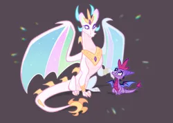 Size: 3579x2551 | Tagged: safe, artist:janegumball, derpibooru import, princess celestia, twilight sparkle, dragon, brown background, colored wings, crossover, dragoness, dragonified, duo, female, image, looking at each other, looking at someone, looking up, multicolored wings, png, simple background, size difference, smiling, smiling at each other, species swap, spyro the dragon (series), wings