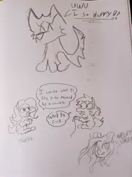 Size: 1524x2048 | Tagged: safe, artist:punkittdev, derpibooru import, fluttershy, rainbow dash, oc, dog, pegasus, pony, dialogue, female, grayscale, image, jpeg, mare, monochrome, pencil drawing, sketch, sketch dump, speech bubble, traditional art