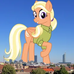 Size: 1156x1156 | Tagged: safe, artist:cheezedoodle96, derpibooru import, edit, editor:jaredking779, mane allgood, pegasus, pony, austria, clothes, female, folded wings, giant pony, giantess, highrise ponies, image, irl, jpeg, macro, mare, photo, ponies in real life, raised hoof, shirt, solo, vienna, wings