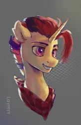 Size: 1044x1602 | Tagged: safe, artist:laymy, derpibooru import, oc, unofficial characters only, pony, unicorn, bandana, commission, gray background, grin, image, jpeg, male, simple background, smiling, solo, stallion