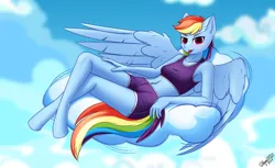 Size: 2563x1573 | Tagged: suggestive, alternate version, artist:hugo231929, derpibooru import, part of a set, rainbow dash, anthro, human, pegasus, pony, unguligrade anthro, :p, armpits, barefoot, bedsheets, belly button, blushing, breasts, closed mouth, clothes, cloud, crossed legs, derpibooru exclusive, draw me like one of your french girls, feet, female, humanized, image, inviting, looking at you, lying down, mare, midriff, on a cloud, pinup, playful, png, pose, reasonably sized breasts, sensual, sexy, shorts, sitting, sky, smiling, smiling at you, solo, solo female, sports bra, sports outfit, sports shorts, stupid sexy rainbow dash, sultry, sultry pose, tongue out, wings