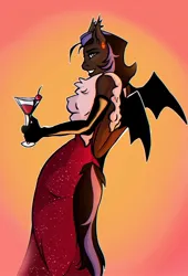 Size: 1465x2160 | Tagged: safe, artist:obscured, derpibooru import, anthro, bat pony, pony, alcohol, clothes, cocktail, dress, drink, female, image, jpeg, open-back dress, party, solo
