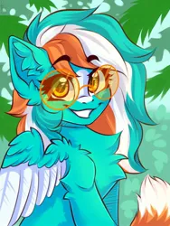 Size: 1200x1600 | Tagged: safe, artist:falafeljake, derpibooru import, oc, oc:phoenix redtail, unofficial characters only, pegasus, pony, chest fluff, colored wings, ear fluff, eyebrows, eyebrows visible through hair, female, glasses, grin, image, jpeg, looking at you, mare, pegasus oc, round glasses, signature, smiling, smiling at you, solo, wings